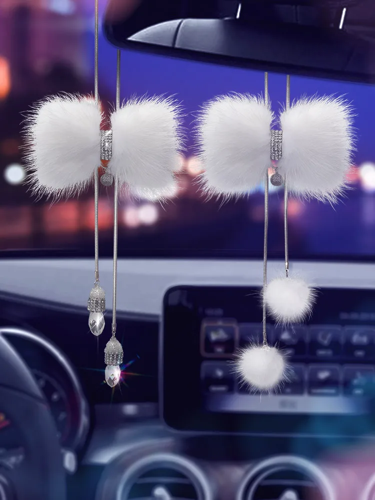 

Car Pendants Car Interior Ornaments High-end Ladies Fox Mink Crystal Bow Cute Car Rearview Mirror Ornaments