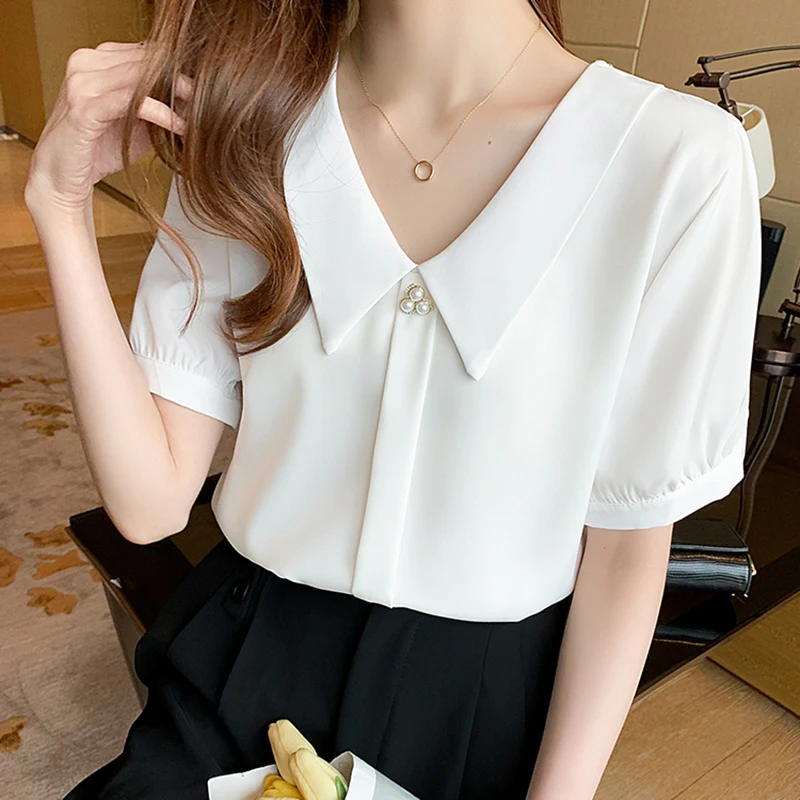 

Stylish Chic SHort Sleeve Women White Shirts Blouses Summer Buttons Loose Female Shirts Tops Elegant Ladies Blusas Chic Beade