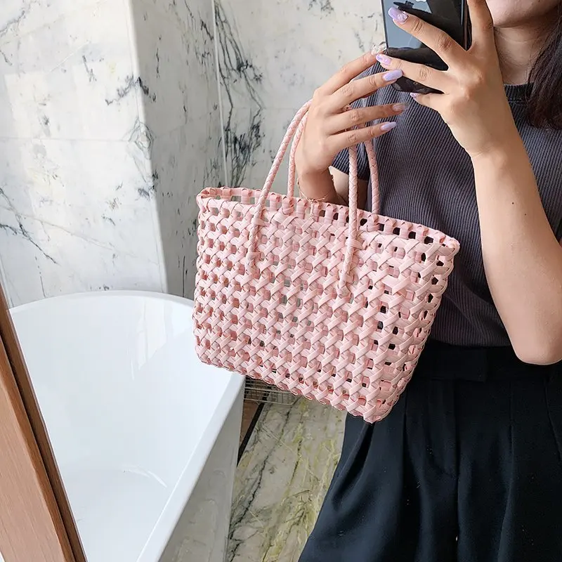 

High Quality Solid Color Pu Leather Weave Bags for Women 2021 Summer Beach Handmade Tote Bags Casual One-shoulder Underarm Bag