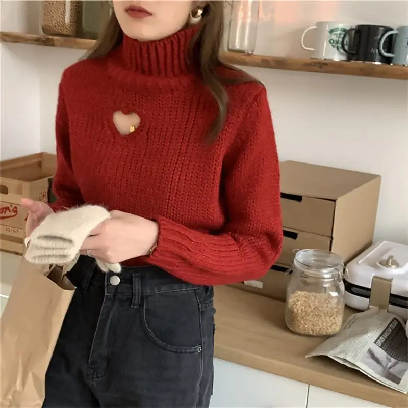 Повседневная Водолазка с длинным рукавом вязаный пуловер вырезами в форме