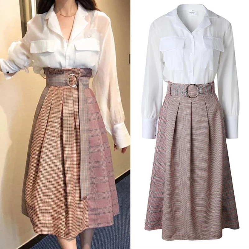 

Женский винтажный комплект из 2 предметов, элегантная клетчатая юбка и юбка, длинная белая юбка с высокой талией, костюм из двух предметов