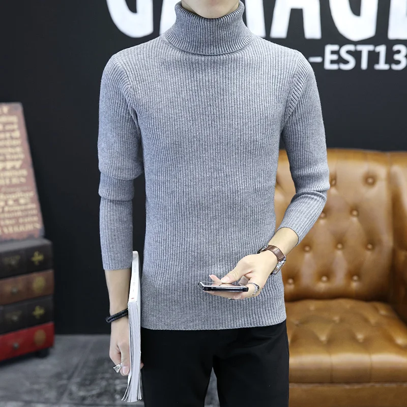 

2021 Korean Slim Solid Color Turtleneck Sweater Mens Winter Long Sleeve Warm Knit Sweater Classic Solid Casual Bottoming Shirt