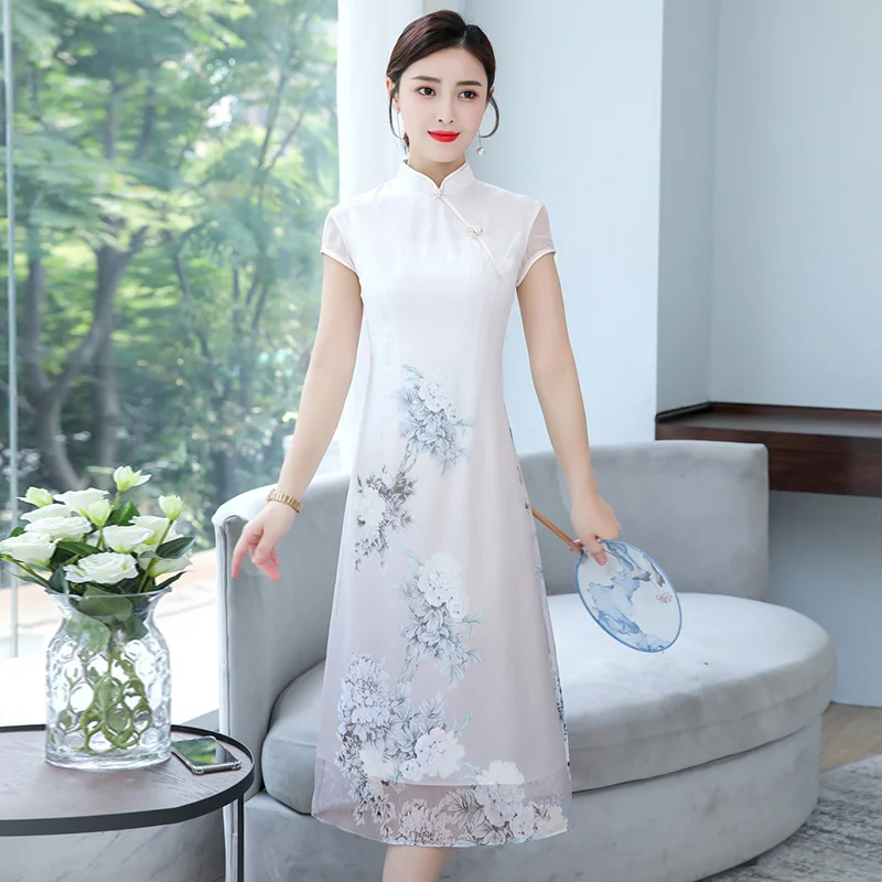 Женское длинное платье Чонсам в китайском стиле с коротким рукавом элегантное