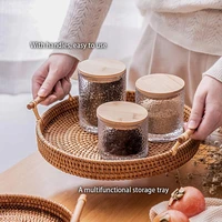 handwoven rattan storage tray with wooden handle round wicker basket bread food plate fruit cake platter dinner serving tray el