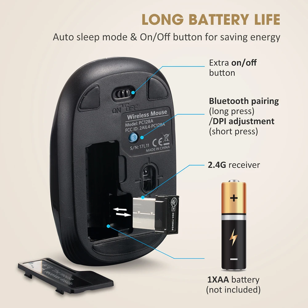 VicTsing PC128 беспроводная мышь 2400 dpi USB оптическая Bluetooth компьютерная двойной режим с