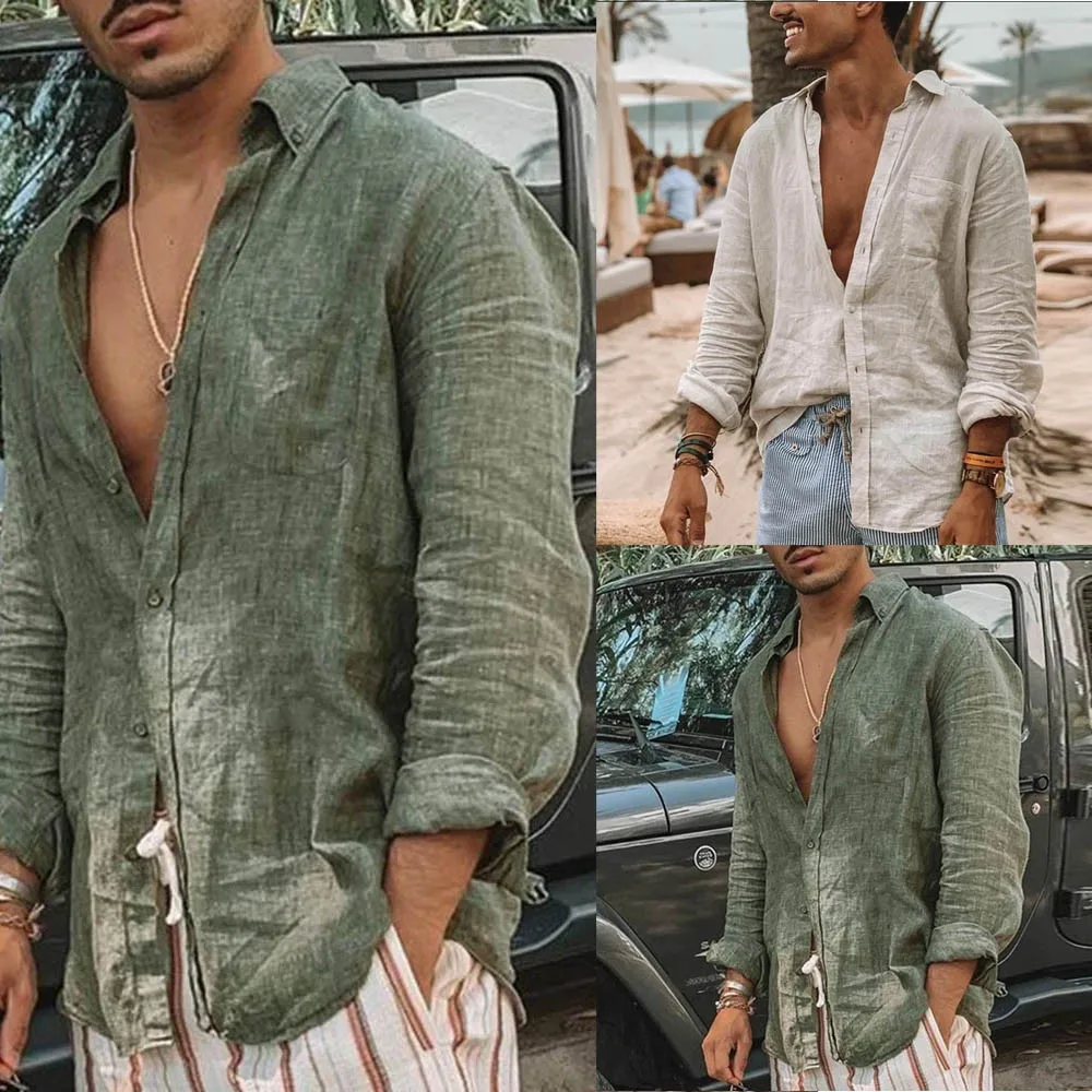 

Male Linen Blouse Half Sleeve Baggy Buttons Summer Solid Comfortable Pure Cotton And Linen Casual Loose Holiday Shirts Tee Tops