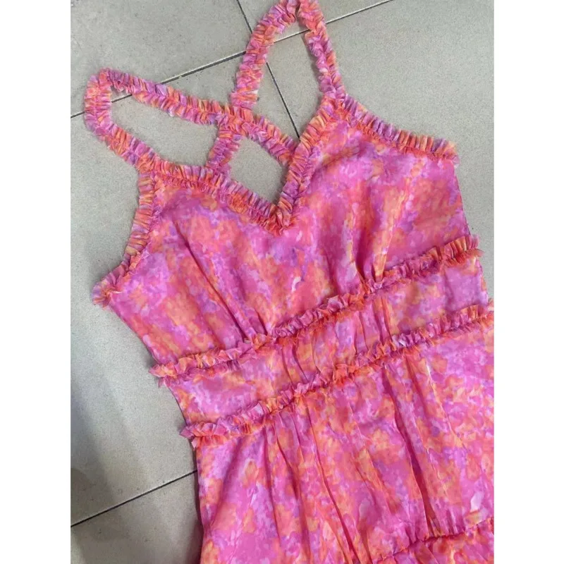 

DEAT 2021 New Women's Sexy Strapless Edible Tree Fungus Backless Pink Print Sling High Waist Dress Summer And Autumn 7E1024