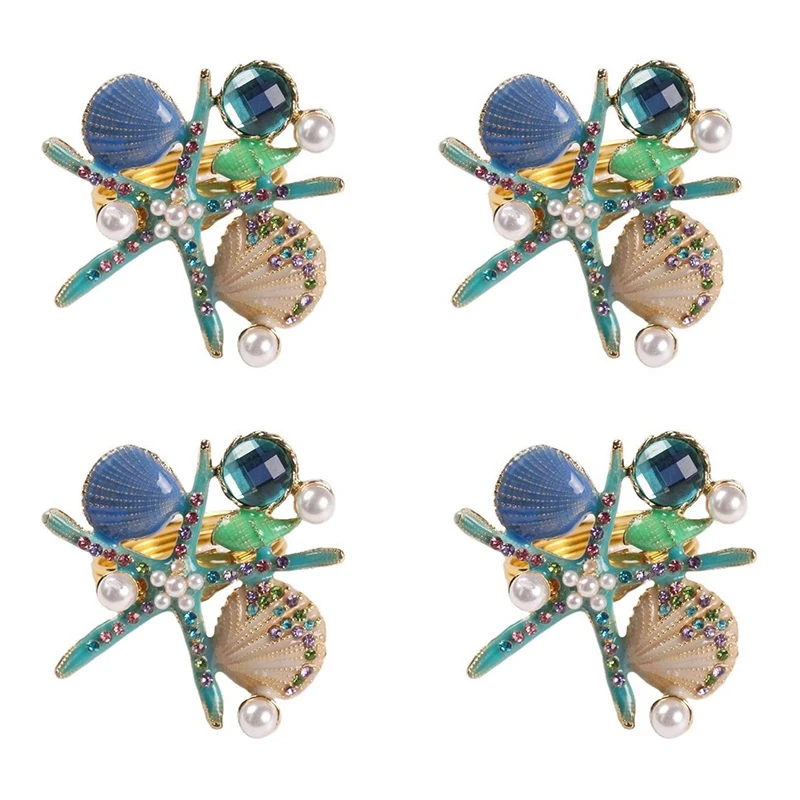 

6 Pcs Starfish Napkin Rings,Pearl Rhinestone Ocean Coastal Nautical Napkin Ring Holders Napkin Buckle for Party