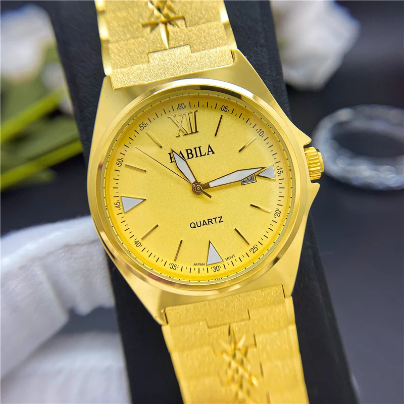 

Electroplating 24 K gold men watch calendar iced out gold watches large dial retro carved pattern steel strap wrsitwatches