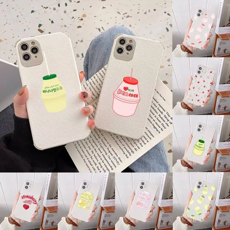

Strawberry Banana Milk Drink Phone Case Lambskin Leather For iphone 12 11 8 7 6 XR X XS PLUS MINI PLUS PRO MAX Shockproof