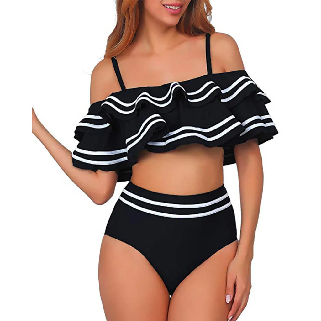 Набор бикини для женщин 2020 2 шт Винтаж с рюшами оборками в полоску Топ нижний