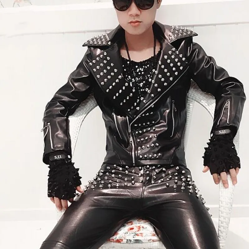 

New Fashion Mens Punk Rock Costume Rivets Spike Motorcycle Jacket PU Leather Coats Plus Size MLXL2XL3XL