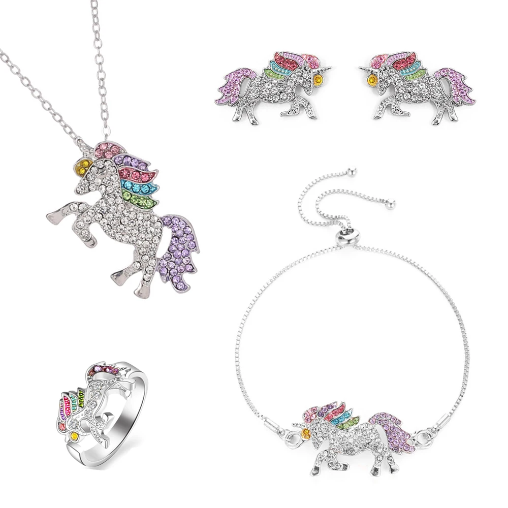 Роскошные Единорог из горного хрусталя комплект ювелирных изделий милая