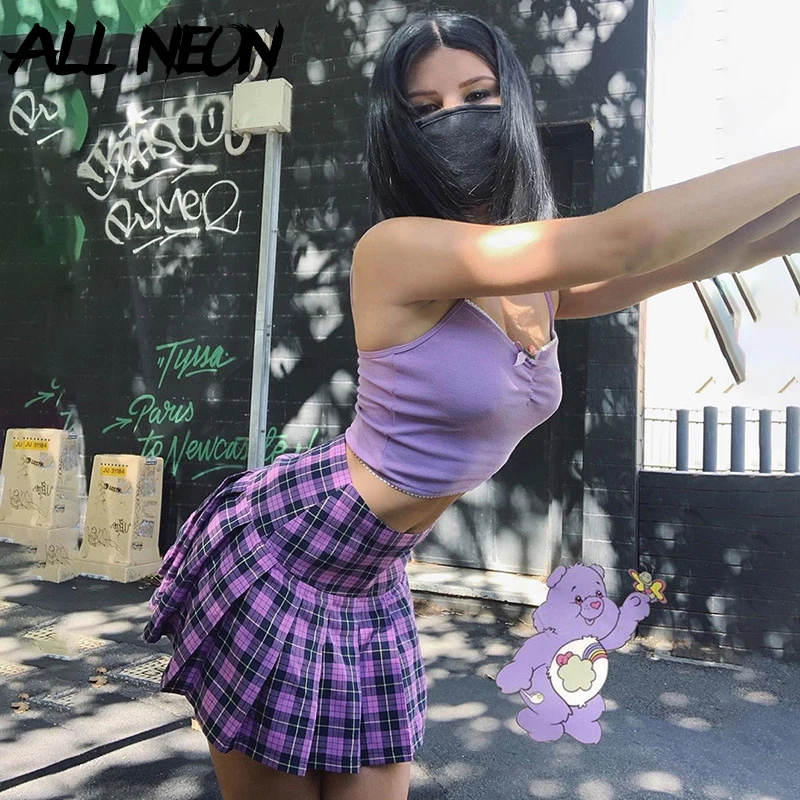 ALLNeon милые летние топы на бретелях-спагетти E-girl однотонные с рюшами и бантом