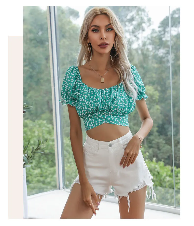 

Female Chiffon Top Floral Print Summer Short Sleeve Bow Bandage Halter Green Womens Corset Top and Blouses Blusas Para Mujer