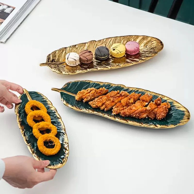 Керамическая Роскошная золотая тарелка в форме листа закуска десертные тарелки