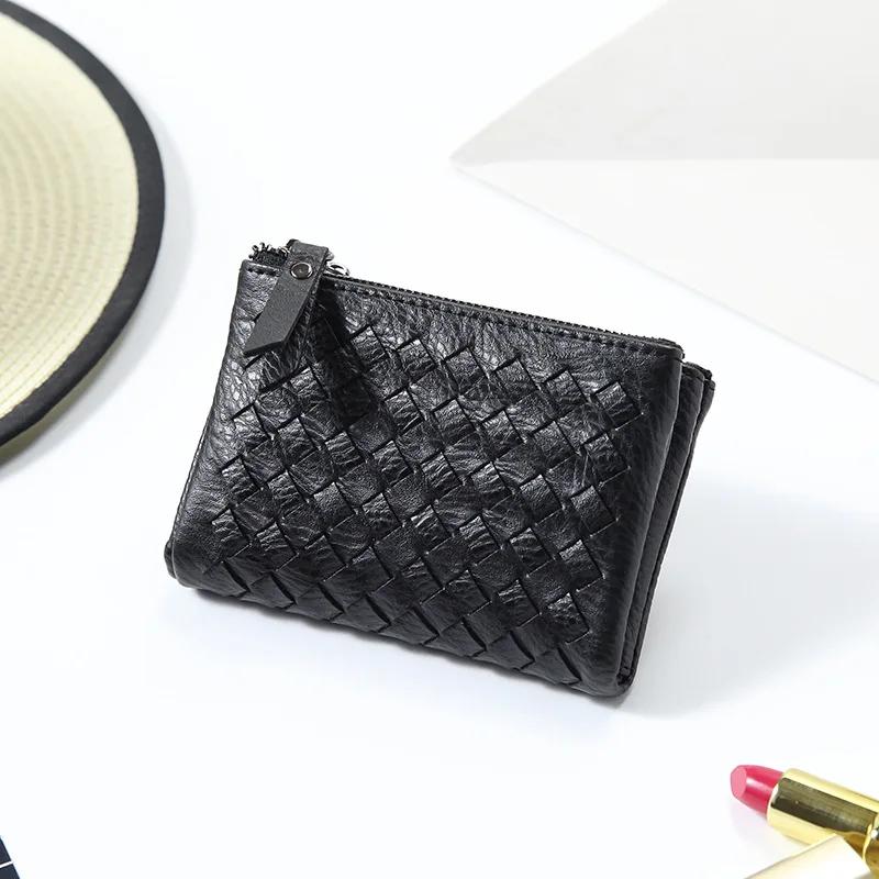 

Genuine leather women knit small wallet card holder folder coin purse