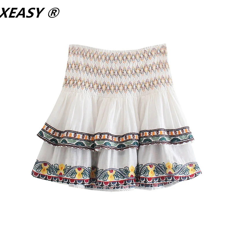 XEASY 2021 Women Fashion 2-Piece Set Vintage Flowers Batwing Sleeve Embroidered Shirt Female High Waist Mini Skirt Sweet Suits images - 6