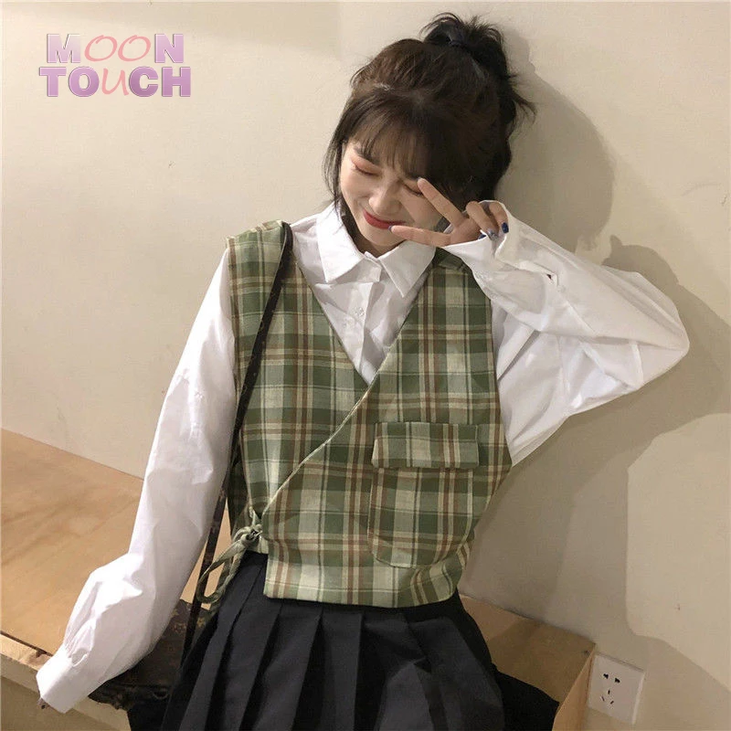 

Women Vests V-neck Plaid Loose Drawstring Asymmetrical Waistcoats for Sweet Girls All-match Students Pockets Chic Outwear Kawaii