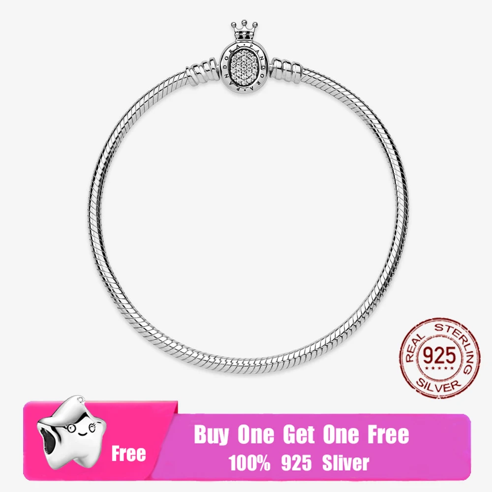 

2021 S925 Sterling Silver Moments Crown O Clasp Snake Chain Bracelet Fit Original Sliver Charm Beads For Women DIY Jewelry Gift