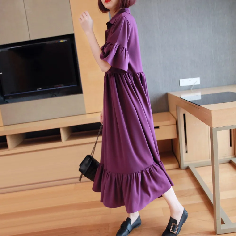 2020 летнее фиолетовое платье для женщин с коротким рукавом и рюшами хлопковое