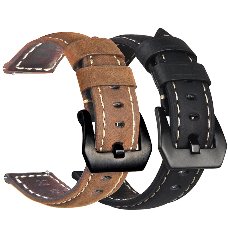 

22mm Crazy Horse Genuine Leather Strap For Huawei GT 2E 2 GT2 46mm Honor Magic 2 bracelet strap for Garmin Vivoactive 4 band