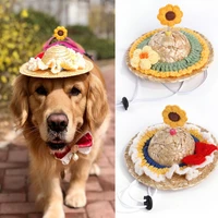 dog woven straw hat summer pet dog outdoor hat adjustable puppy kitten cute small cats sun protection cap pet go out supplies