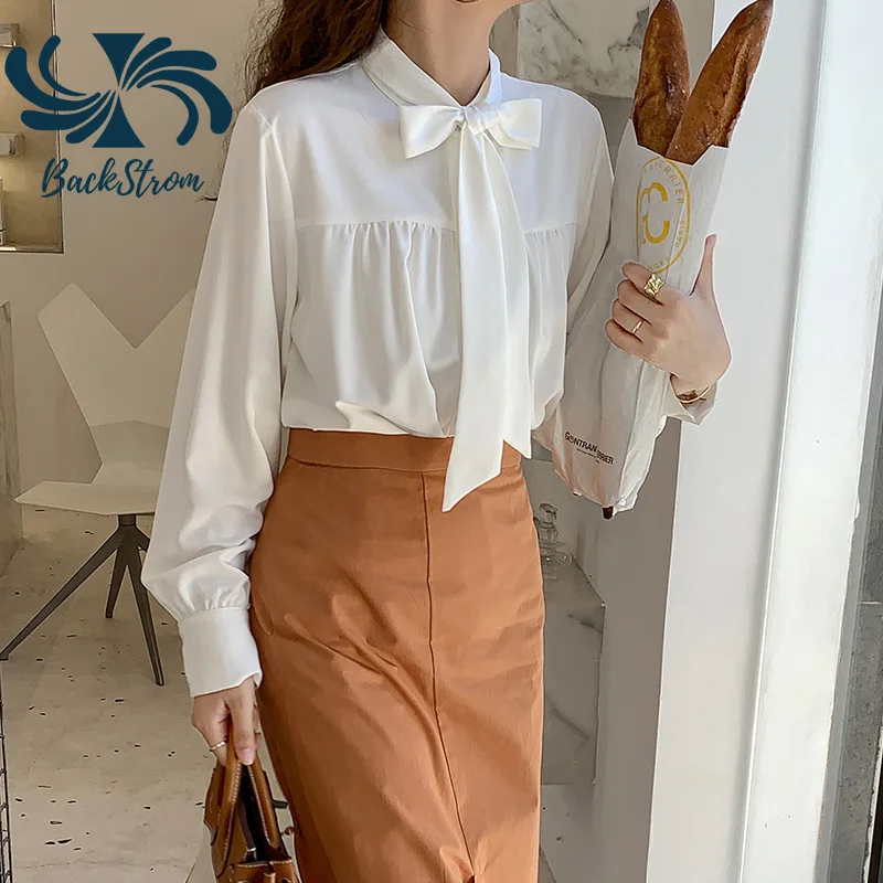 

Новинка Осень-зима 2021 белая женская рубашка во французском стиле шифоновая рубашка с длинными рукавами и бантом