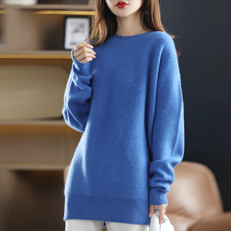 

Женский длинный вязаный свитер, повседневный пуловер из 2021-ной шерсти с круглым вырезом, куртка оверсайз, Осень-зима 100%