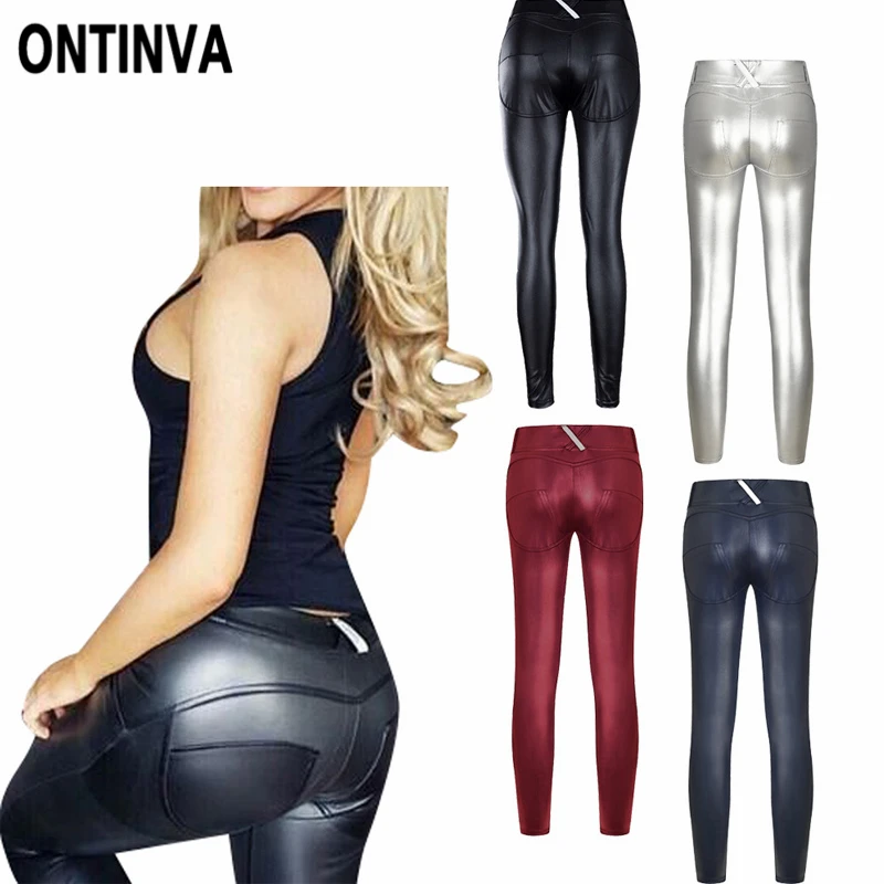 Сексуальные женские леггинсы со средним обхватом талии из искусственной кожи с