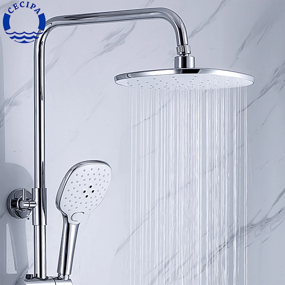 CECIPA Chrome Shower System Set With 38℃ Thermostatic Faucet Height Adjustable Slide Bar Safety Lock Bathroom Fixtures | Строительство