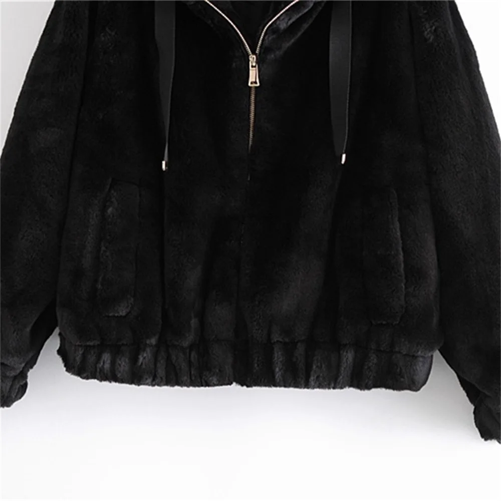 

ZXQJ Women 2020 Fashionable Faux Fur Texture Hooded Jacket Vintage Black long sleeve Round Neck Long Warm Coat Chic Tops