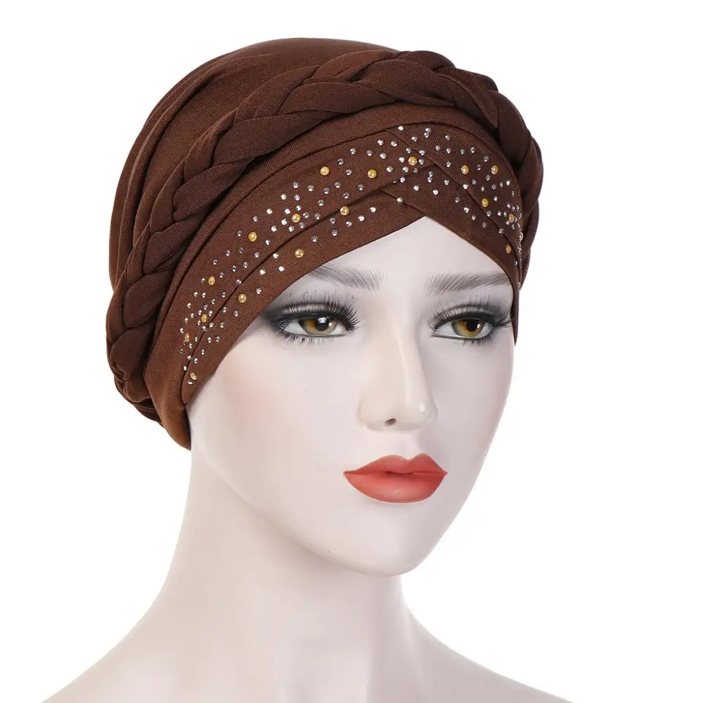 

2pcs/lot indian women turban hair bonnet cap solid color single braid point-drill hats spandex stretchy head cover caps TJM-TB32