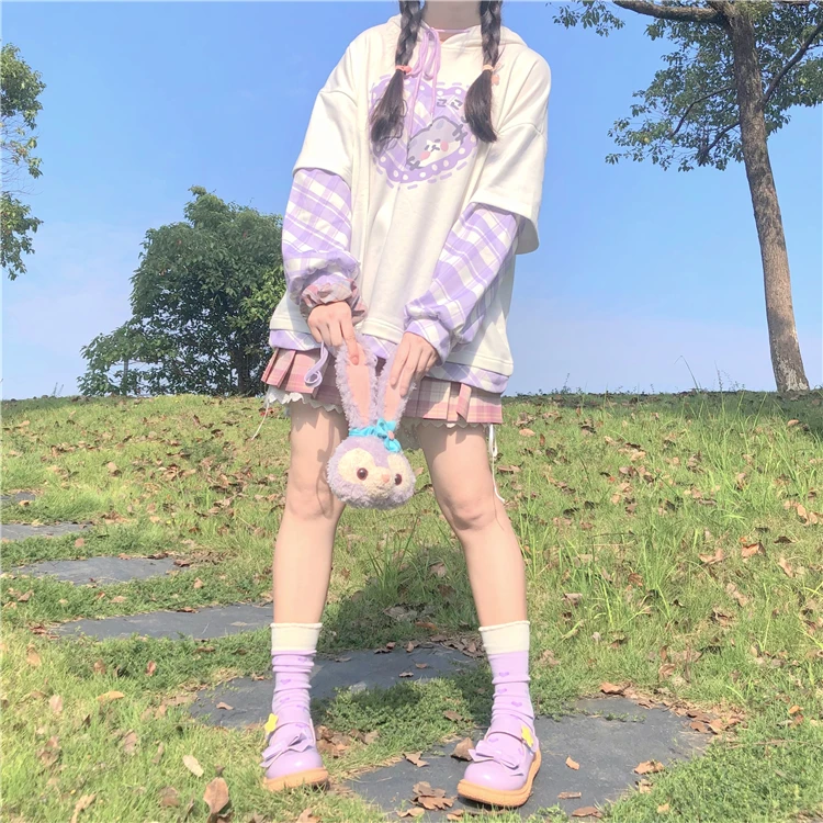 

Kawaii Soft Girl Sweety Shirts Patchwork Kawaii Splicing Pullover Full Sleeve Cartoon Printed Loose Hooded Sweatshirts