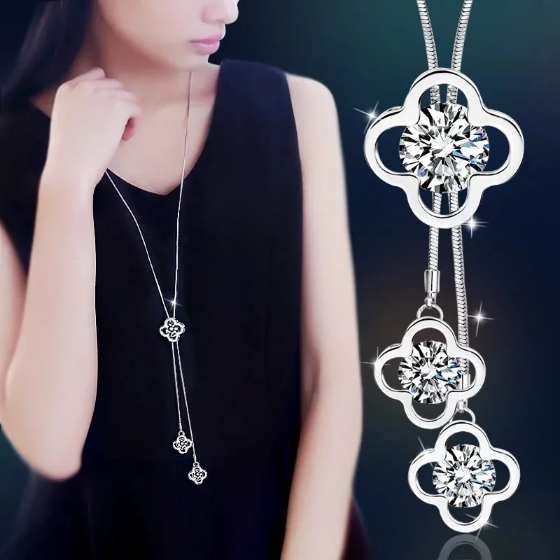 BYSPT Zircon Snowflake Long Necklace Sweater Chain Fashion Metal Crystal Rhinestone Flower Pendant Necklaces Adjusted | Украшения и