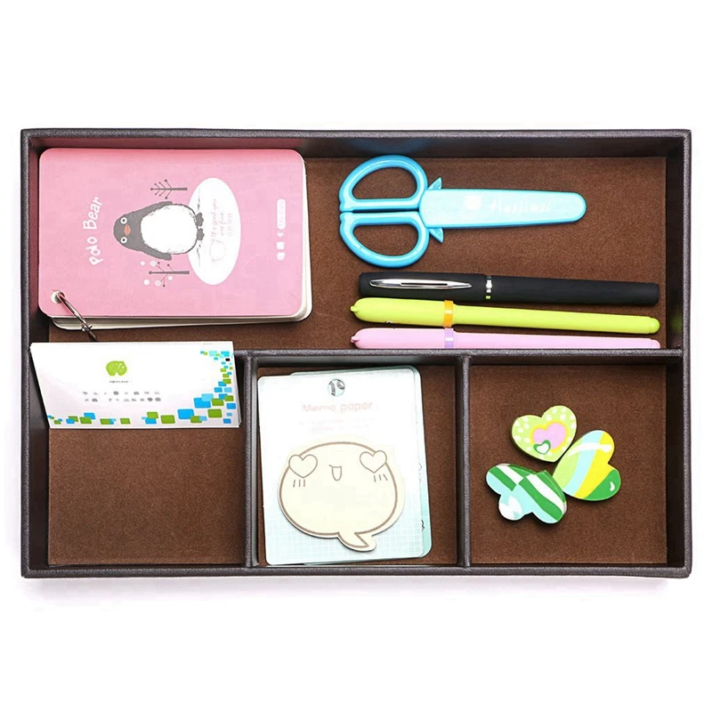 

2PCS 4 Slots Desk Drawer Organizer with PU Leather Collection Letter Tray Brown Single Layer