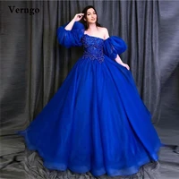 verngo royal blue organza long prom dresses puff sleeves lace applique beads evening gowns 16 sweet girls quinceanera dress