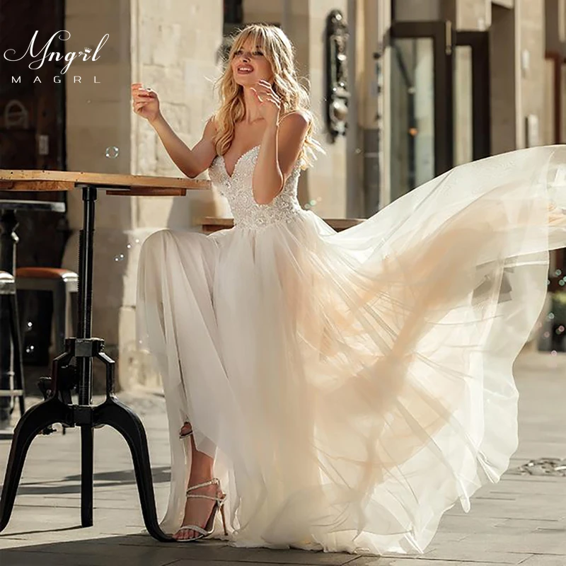 

MNGRL New Simple Wedding Dress Backless Sleeveless Design Chiffon Lace Bride Dresses Princess Dress Plus Size Tailor-made