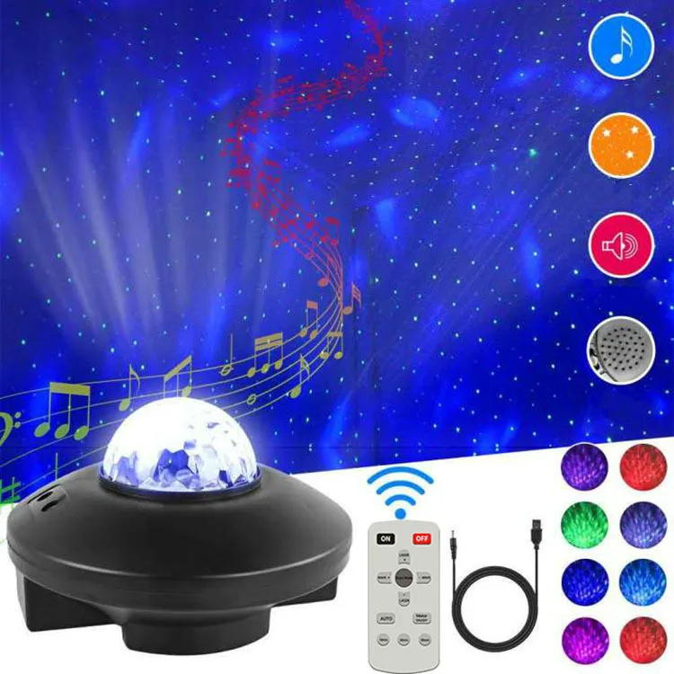 

Star projection light, voice-activated music, red, green and blue water pattern light, starry sky laser projection