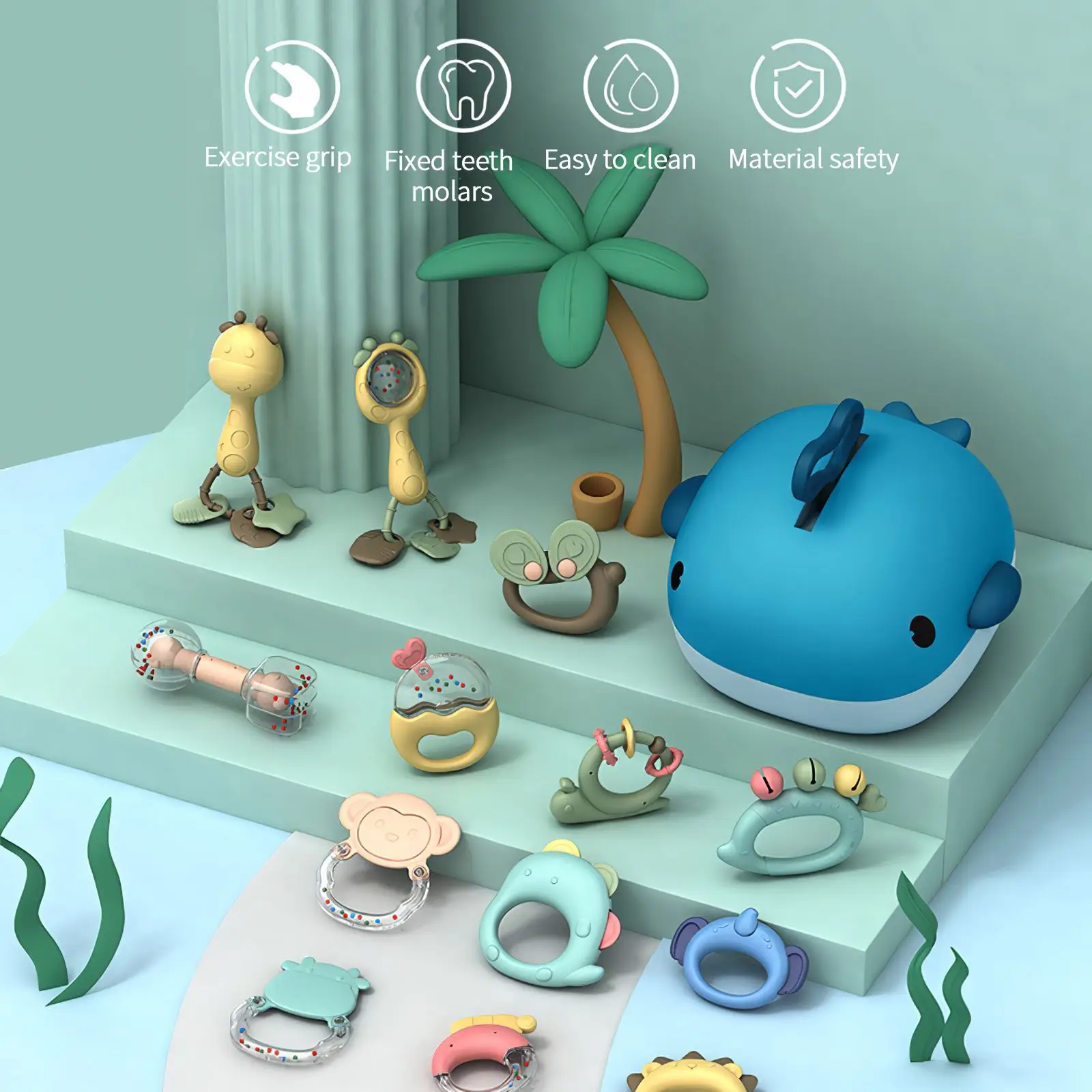 

13PCS Baby Teether Rattle Cartoon Shape Theething Training Toys Food Grade Grab Shaker Whale Storage Box For Infant Newborn Baby