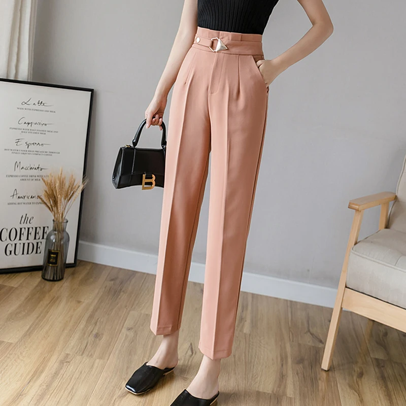 

korean Formal Pants Women High Waist Pockets office lady Pants with fake belt plus size trousers women pantalon mujer