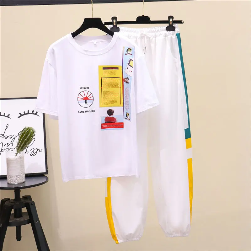 

Sports Suit Women's Summer Short-Sleeved 2021 New T-Shirt Women's Trousers Korean Style Stitching Printing Casual Two-Piece Suit