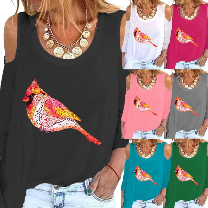 

Женские осенние модные Топы И Футболки, свитер с круглым вырезом и длинным рукавом, Повседневная Блузка с открытыми плечами, рубашки с принт...