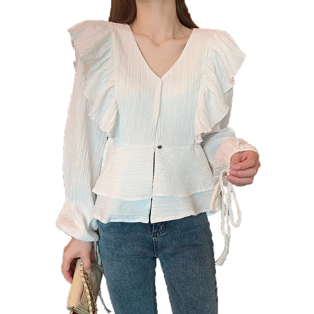 

Women Blouse Sweet Fairy Chiffon Shirt Girls Waist White V-Neck Long Sleeve Blouse Small Unlined Upper Garment Lady Office Shirt