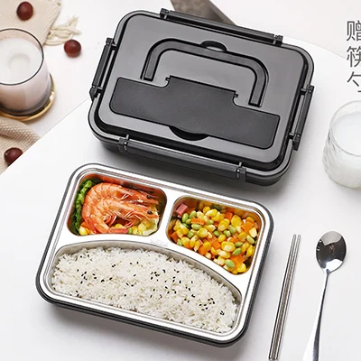 Ланч-бокс 304 из нержавеющей стали для детей и взрослых Bento Boxs герметичный японский контейнер для продуктов портативное хранение для пикника 1.2L - Цвет: Black 3 Grid