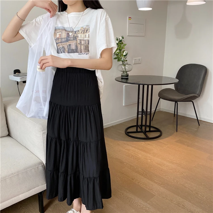 satin skirt Spring Summer Women Chiffon Skirts Vintage High Waist Elastic Patchwork White Black Chic Long Cake A-line Skirt for Student mini skirt