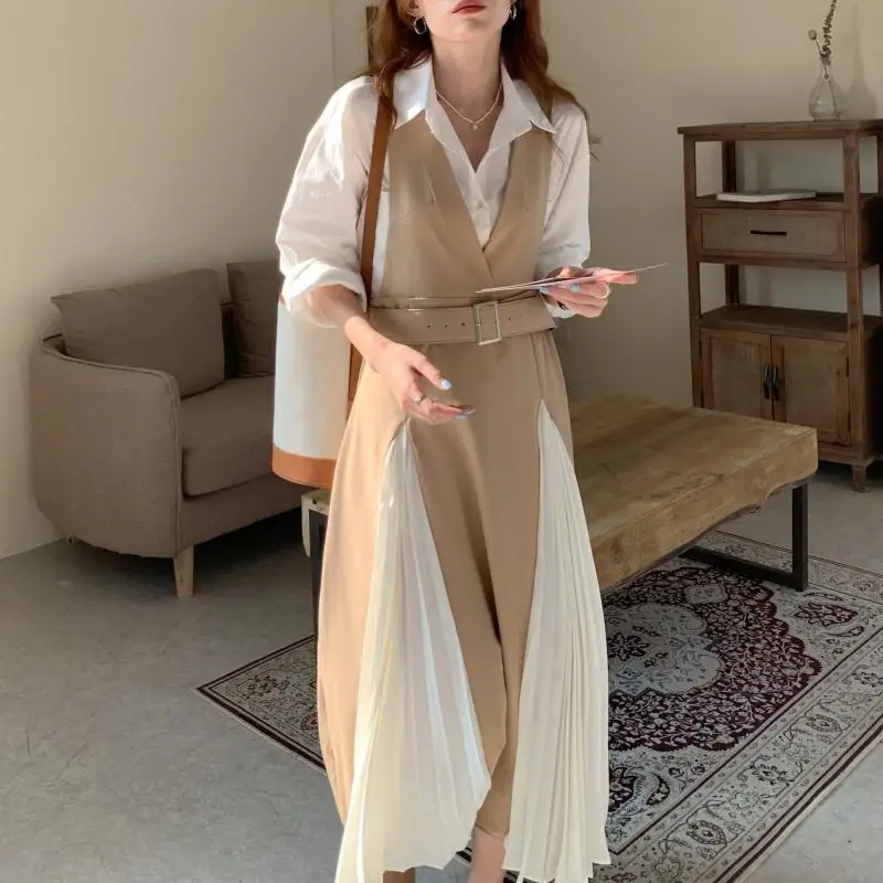 

CBAFU sleeveless patchwork long pleated dress sashes spring summer loose casual big swing office lady OL dresses vestidos M529