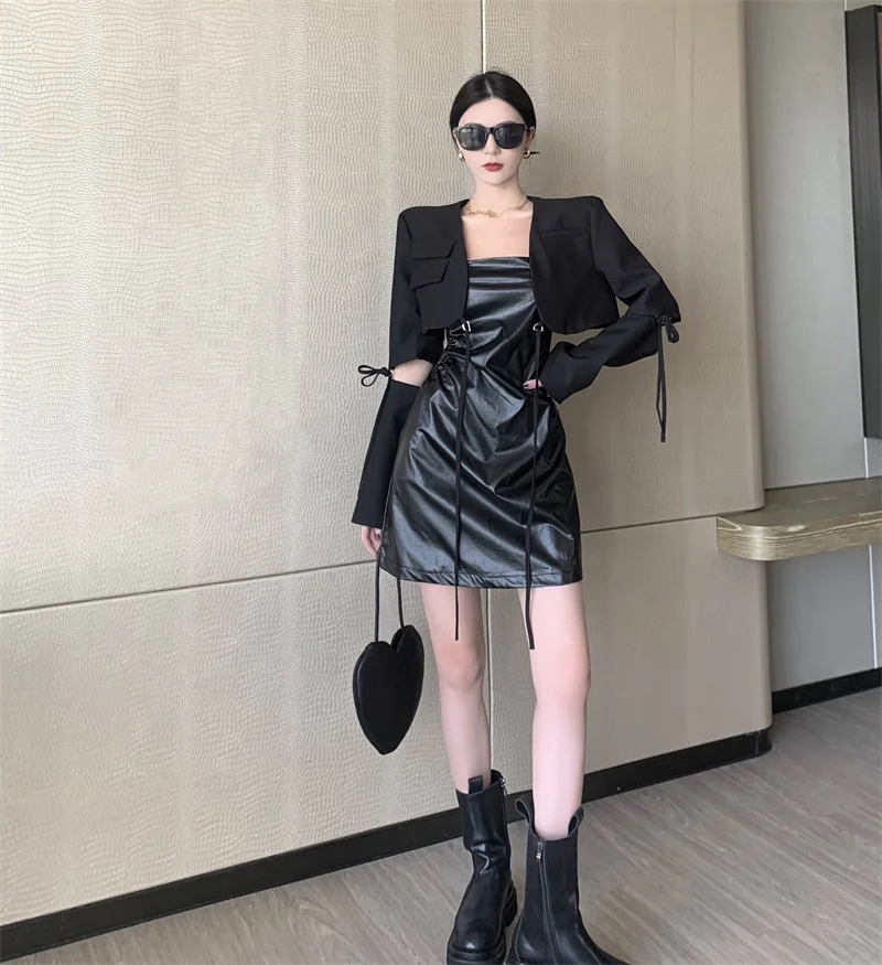 

Осенний костюм, куртка с длинным рукавом, приталенный костюм со съемным рукавом и лентой, короткое черное пальто без пуговиц, женский костюм