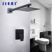 jieni led 8 12 16 inch matte black wall mount brass rainfall bathroom ultrl thin square shower head hand shower set faucet