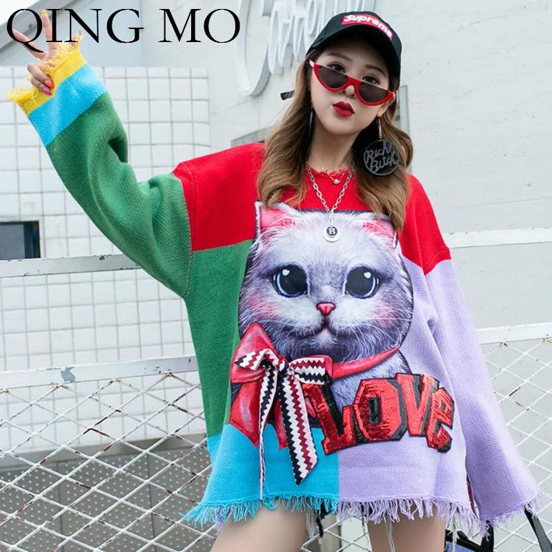 QING MO Patchwork Color Women Sweater Cat Printed Pullovers 2019 Autumn Winter Chic Casual Style ZQY1486 Женская одежда
